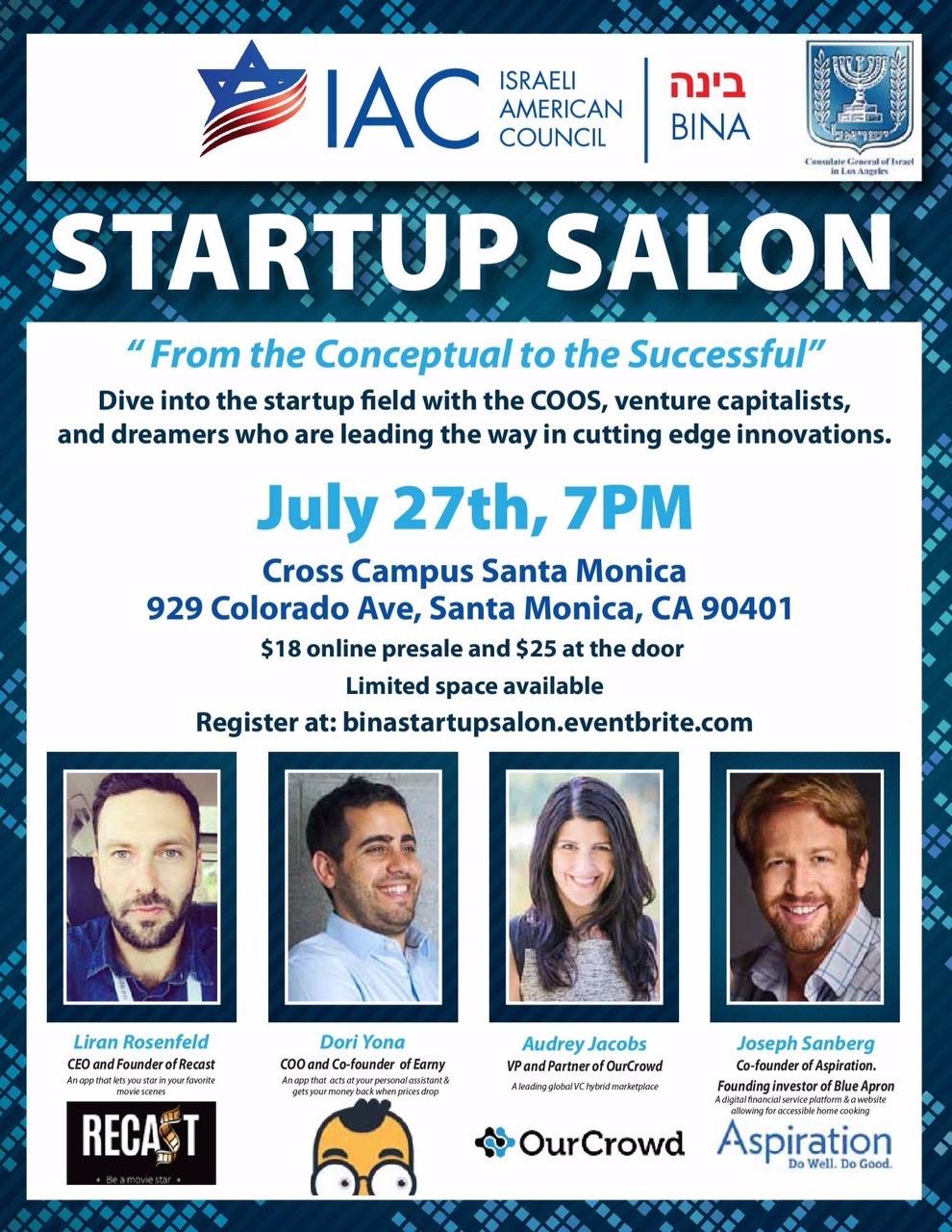 IAC Startup Salon event poster featuring Liran Rosenfeld and Recast