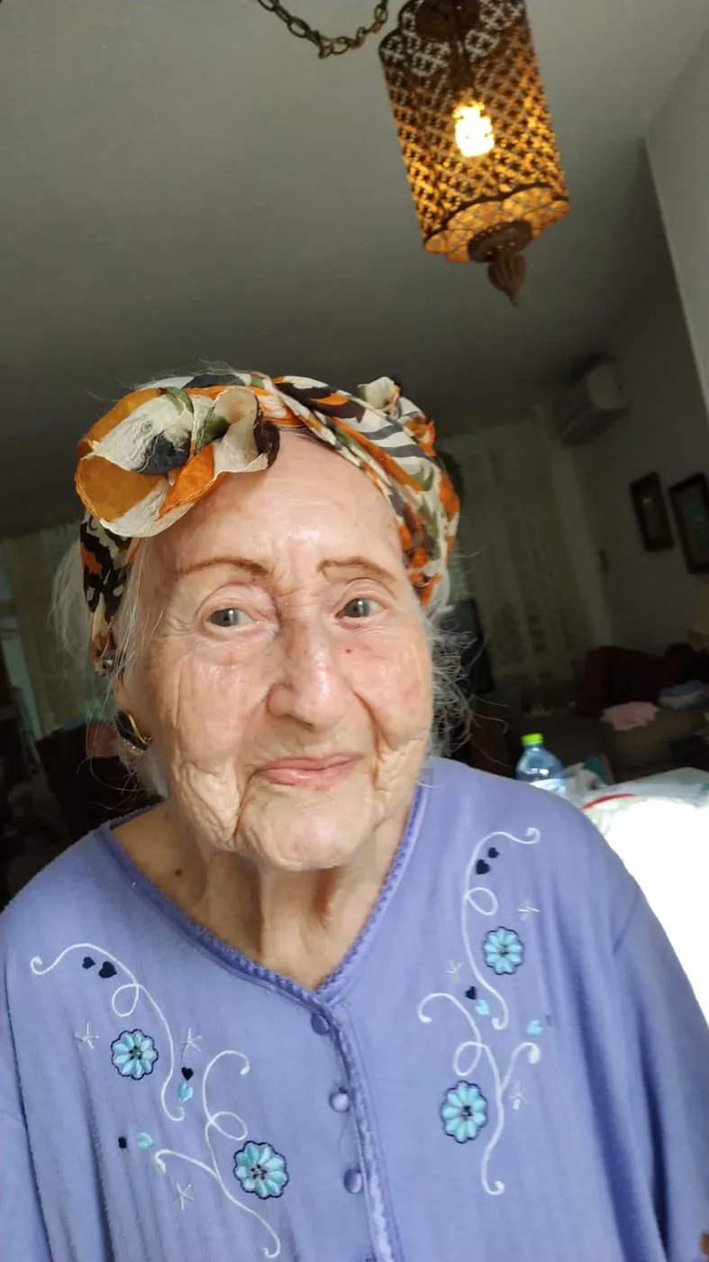 Esther Rosenfeld wearing a patterned headscarf